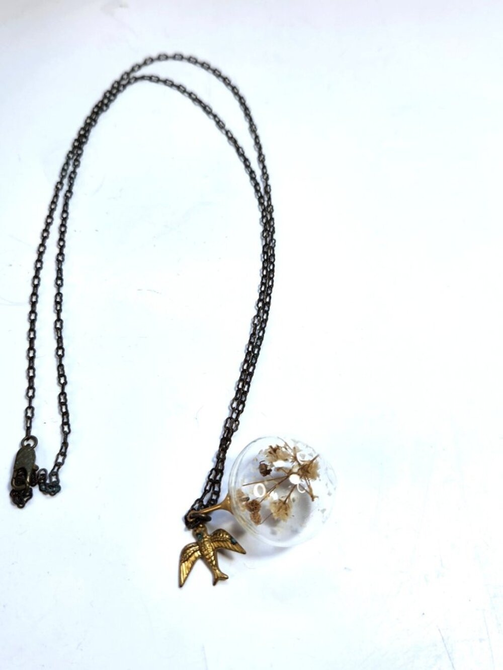 Handcrafted Dried Flower Glass Globe Terrarium Necklace Brass Swallow Bird Charm